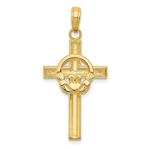 14k Solid Gold Yellow or White Celtic Claddagh Cross  for a Chain or Necklace  1.25" Long x .60" Width. Classic Religious Irish Jewelry - Lazuli