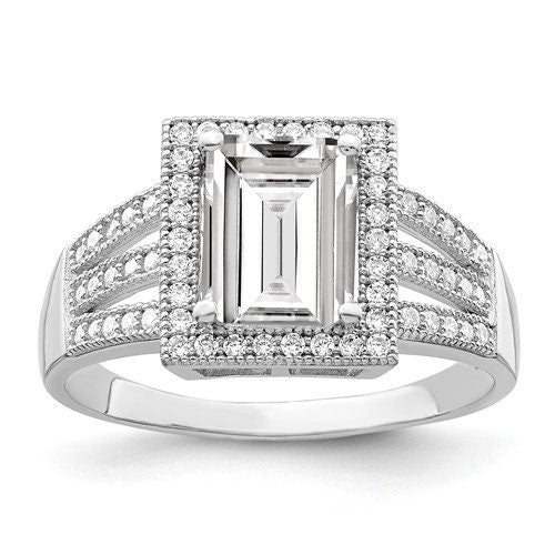 Sterling Silver Cz Engagement Ring Halo Pavé Wedding Anniversary Promise Emerald Cut Center Stone Classic Solitaire Ships Free in The U.S. - Lazuli