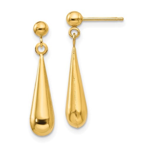 14K Yellow Gold Teardrop Dangle Post  1" Long Earrings, Simple Minimalist Dainty Modern Push Back NOT gold filed NOT gold plated Ships Free - Lazuli