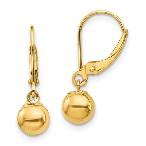 14K Yellow Gold 6mm Ball Dangle Leverback .8" Long Earrings, Simple Minimalist Dainty Modern NOT gold filed NOT gold plated Ships Free - Lazuli