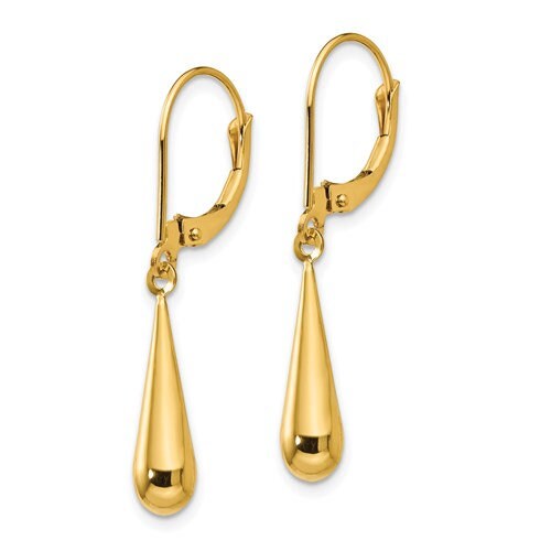 14K Yellow Gold Teardrop Dangle Lever back 1 1/4" Long Earrings, Simple Minimalist Dainty Modern NOT gold filed NOT gold-plated Ships Free