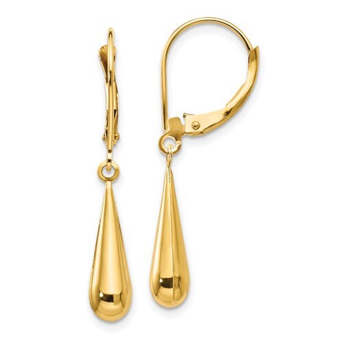 14K Yellow Gold Teardrop Dangle Lever back 1 1/4" Long Earrings, Simple Minimalist Dainty Modern NOT gold filed NOT gold-plated Ships Free