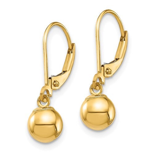 14K Yellow Gold 6mm Ball Dangle Leverback  .8" Long Earrings, Simple Minimalist Dainty Modern NOT gold filed NOT gold plated Ships Free - Lazuli