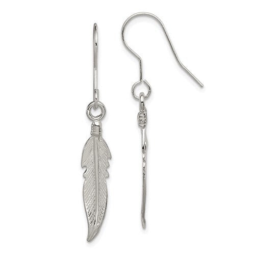 Sterling Silver .925 Feather Dangle French Wire 1.5" Long Earrings, Simple Minimalist Dainty Modern Drop & Dangle Shepherd Hook Earrings - Lazuli