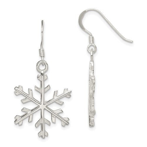Sterling Silver .925 Snowflake Dangle French Wire 1.25" Long Earrings, Simple Minimalist Dainty Modern Drop & Dangle Shepherd Hook Earrings