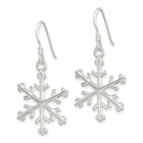 Sterling Silver .925 Snowflake Dangle French Wire 1.25" Long Earrings, Simple Minimalist Dainty Modern Drop & Dangle Shepherd Hook Earrings