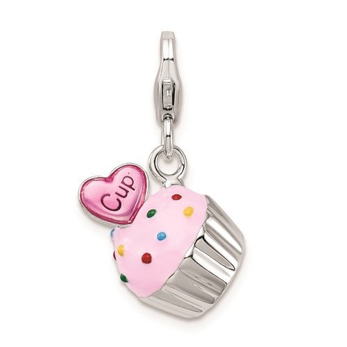Sterling Silver .925 3-D Cupcake and Heart Enameled with Lobster Clasp Charm Ideal for Charm Bracelet or Necklace 1" long .6" wide - Lazuli