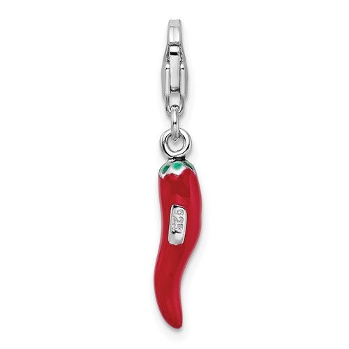 Sterling Silver .925 3-D Enameled Red Pepper Chilli with Lobster Clasp Charm Ideal for Charm Bracelet or Necklace 1.4" long .2" wide - Lazuli