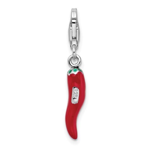 Sterling Silver .925 3-D Enameled Italian Horn Red Pepper with Lobster Clasp Charm Ideal for Charm Bracelet or Necklace 1.4" long .2" wide