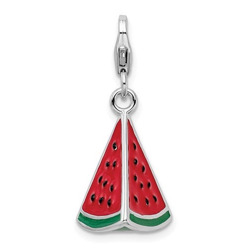 Sterling Silver .925 3-D Enameled Watermelon Wedge Fruit with Lobster Clasp Charm Ideal for Charm Bracelet or Necklace 1.5" long .6" wide - Lazuli
