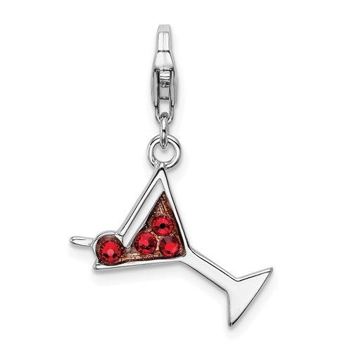 Sterling Silver .925 Red Crystal Martini Glass Cup with Lobster Clasp Charm Ideal for Charm Bracelet or Necklace 1.2" long .7" wide - Lazuli