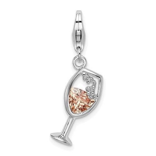 Sterling Silver .925 Champaign Glass with Crystal with Lobster Clasp Charm Ideal for Charm Bracelet or Necklace 1.5" long .6" wide