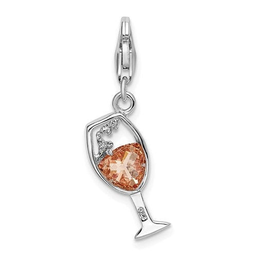 Sterling Silver .925 Champaign Glass with Crystal with Lobster Clasp Charm Ideal for Charm Bracelet or Necklace 1.5" long .6" wide