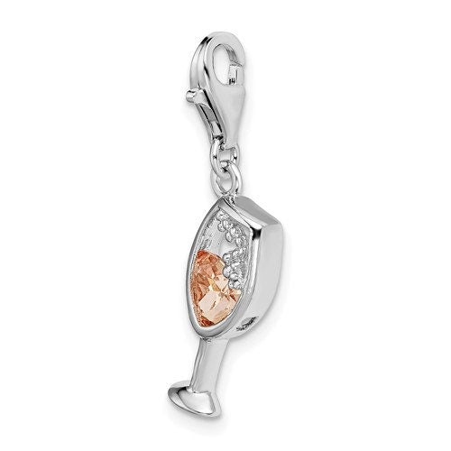 Sterling Silver .925 Champaign Glass with Crystal with Lobster Clasp Charm Ideal for Charm Bracelet or Necklace 1.5" long .6" wide