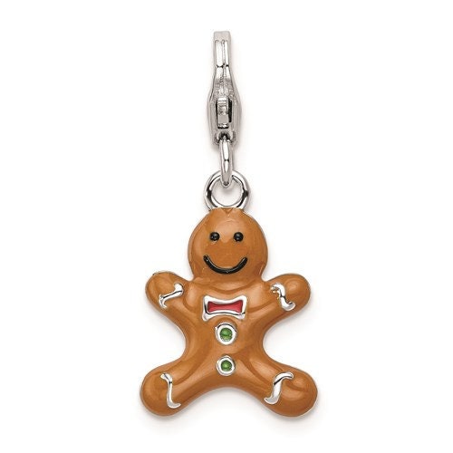Sterling Silver .925 3-D Enameled Gingerbread Cookie with Lobster Clasp Charm Ideal for Charm Bracelet or Necklace 1.3" long .6" wide - Lazuli
