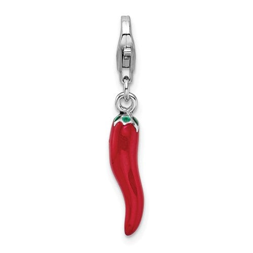 Sterling Silver .925 3-D Enameled Italian Horn Red Pepper with Lobster Clasp Charm Ideal for Charm Bracelet or Necklace 1.4" long .2" wide