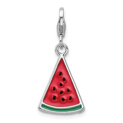 Sterling Silver .925 3-D Enameled Watermelon Wedge Fruit with Lobster Clasp Charm Ideal for Charm Bracelet or Necklace 1.5" long .6" wide - Lazuli