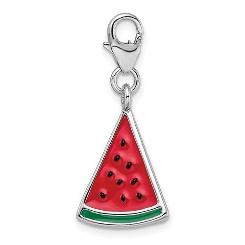Sterling Silver .925 3-D Enameled Watermelon Wedge Fruit with Lobster Clasp Charm Ideal for Charm Bracelet or Necklace 1.5" long .6" wide - Lazuli