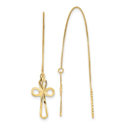 14K Yellow Gold Diamond Cut Cross Dangle Threader w/ Box Chain 1.7" Earrings, Simple Minimalist Dainty Modern NOT gold filed NOT gold plated - Lazuli