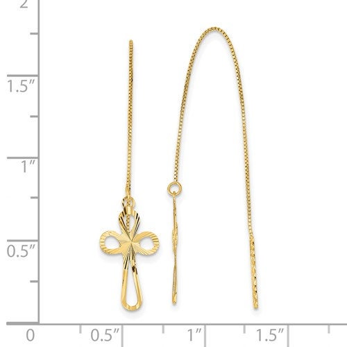14K Yellow Gold Diamond Cut Cross Dangle Threader w/ Box Chain 1.7" Earrings, Simple Minimalist Dainty Modern NOT gold filed NOT gold plated - Lazuli