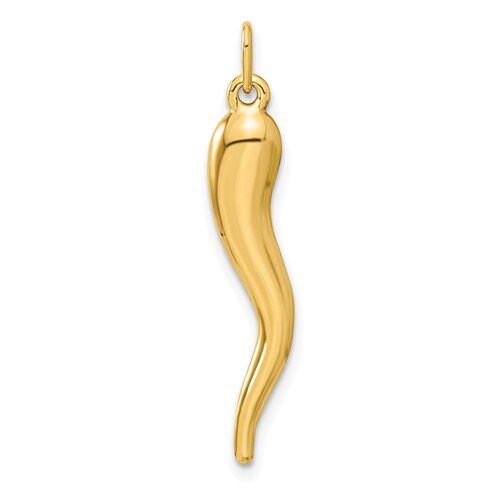 14k Solid Yellow Gold Italian Horn Pendant Charm Good Luck for a Chain or Necklace  1.2" Long. Not Gold Plated. Real 14K Gold