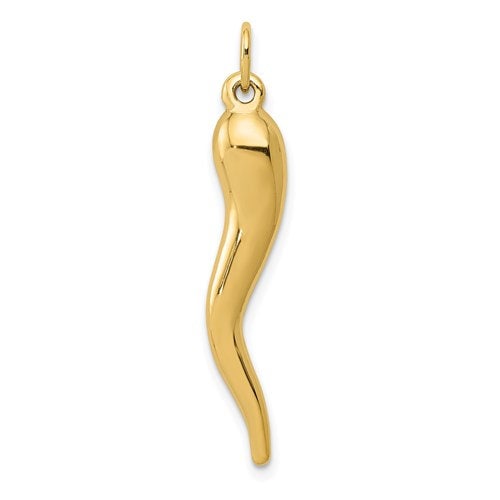 14k Solid Yellow Gold Italian Horn Pendant Charm Good Luck for a Chain or Necklace  1.2" Long. Not Gold Plated. Real 14K Gold