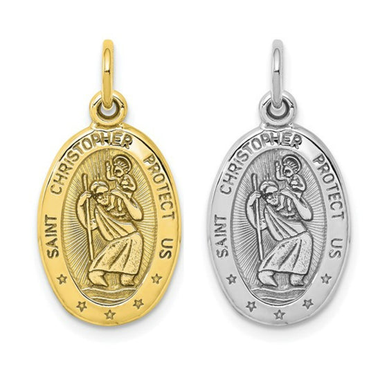 10k White or Yellow Gold Satin Polished St. Christopher Protect us Charm Polished Pendant for a Chain or Necklace 1" Long Real 10K Gold - Lazuli