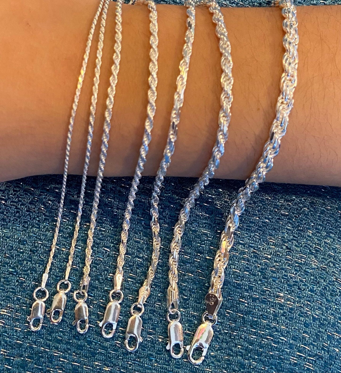 Sterling Silver 925 Diamond-cut Rope Chain Necklace Bracelet Anklet 7",8",9",10",14".16",18",20",22",24",26",28", 30" or 36" different width - Lazuli