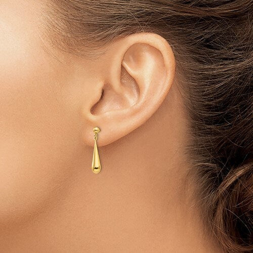 14K Yellow Gold Teardrop Dangle Post 1" Long Earrings, Simple Minimalist Dainty Modern Push Back NOT gold filed NOT gold plated Ships Free - Lazuli