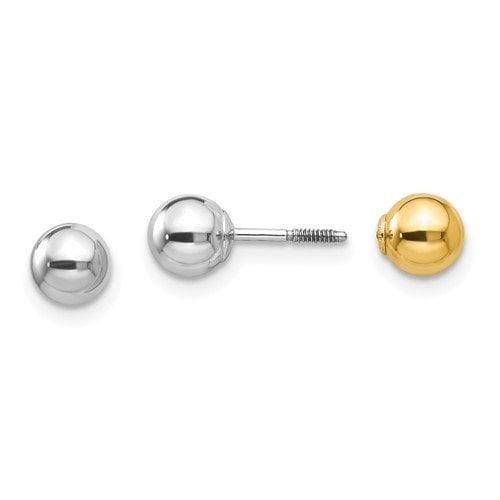 14K Gold 2-Tones Reversible Ball Post Earrings Screw Backs, Simple Minimalist Dainty NOT gold filed NOT gold plated Ships Free in the U.S - Lazuli