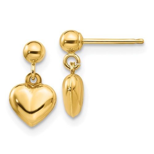 14K Yellow Gold Puffed Heart Post Earrings push Backs, Simple Minimalist Dainty NOT gold filed NOT gold plated Everyday wear - Lazuli