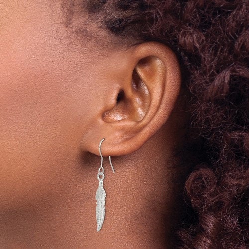 Sterling Silver .925 Feather Dangle French Wire 1.5" Long Earrings, Simple Minimalist Dainty Modern Drop & Dangle Shepherd Hook Earrings - Lazuli