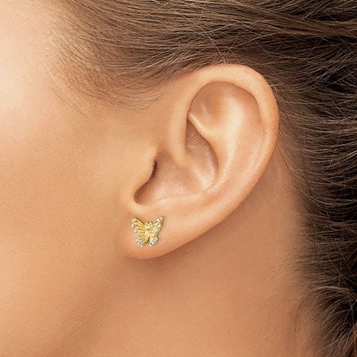 14K Yellow Gold Butterfly Cubic Zirconia Post Earrings push Backs, Simple Minimalist Dainty NOT gold filed NOT gold plated - Lazuli