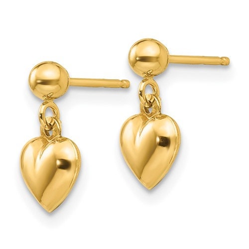 14K Yellow Gold Puffed Heart Post Earrings push Backs, Simple Minimalist Dainty NOT gold filed NOT gold plated Everyday wear - Lazuli