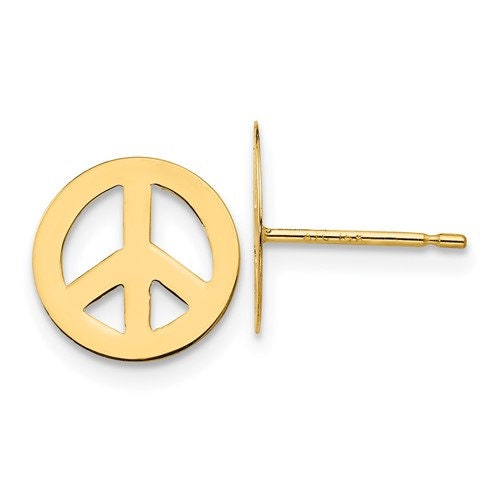 14K Yellow Gold Peace Sign Post Earrings push Backs, Simple Minimalist Modern Dainty NOT gold filed NOT gold plated Everyday wear - Lazuli