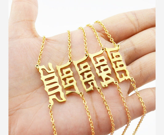 Customized Year birth necklace old English font gold plated from 1991-2010 Cable link chain w/ lobster claw 18"