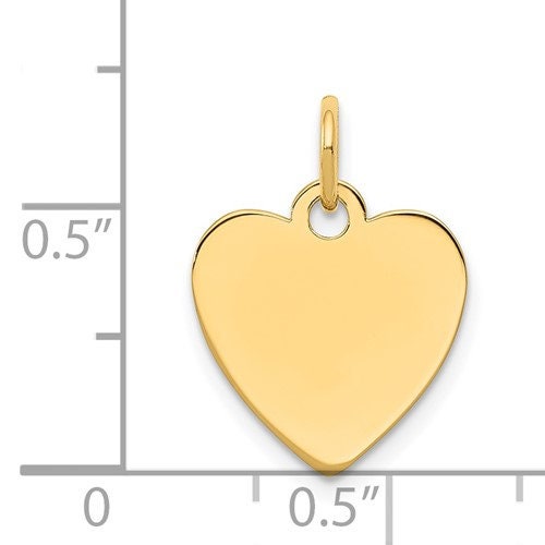 14k Yellow, White or Rose Gold Plain Heart Disc Charm 18mm long x 14mm width. Bail Length : 14mm. Bail Width 1mm. polished front and back