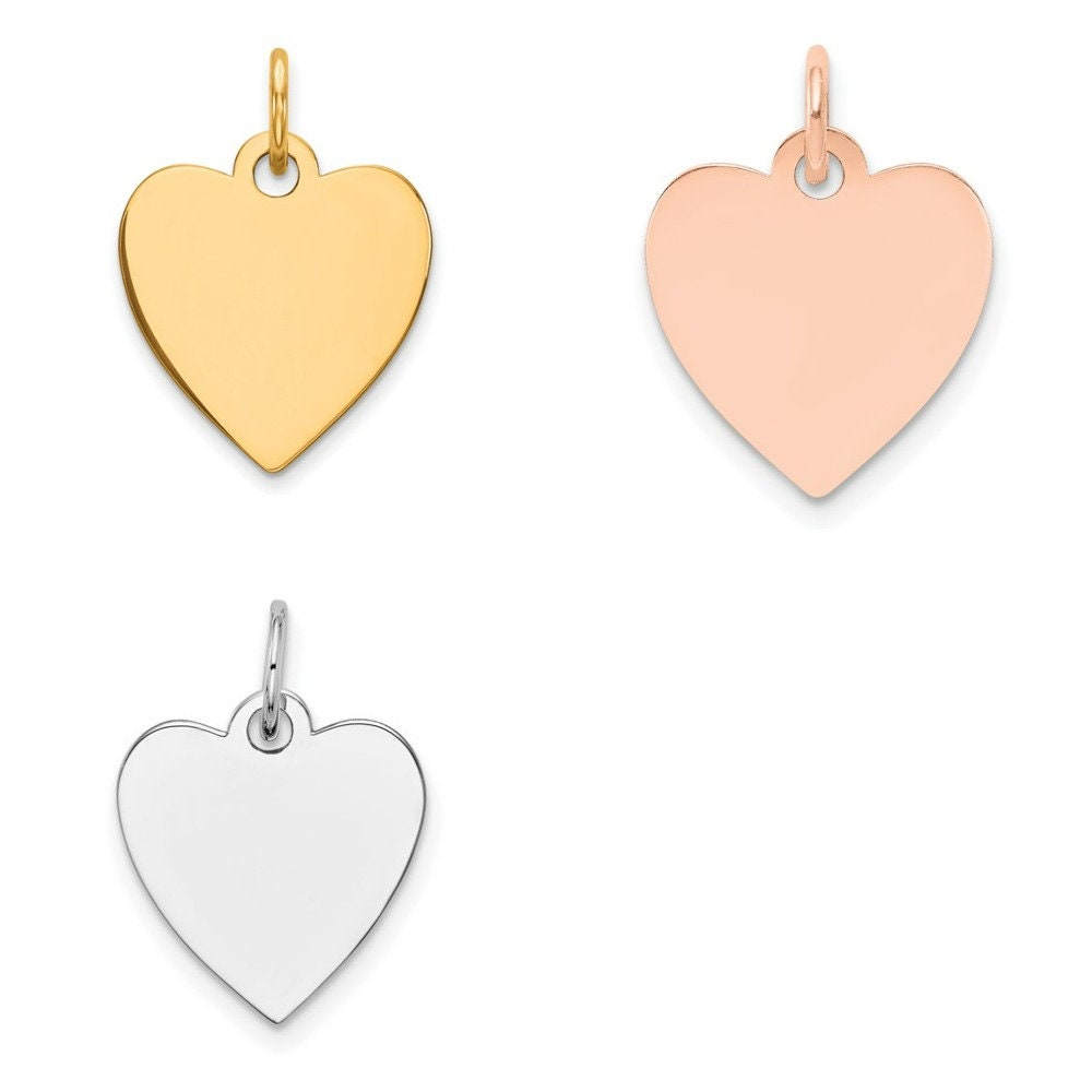 14k Yellow, White or Rose Gold Plain Heart Disc Charm 18mm long x 14mm width. Bail Length : 14mm. Bail Width 1mm. polished front and back