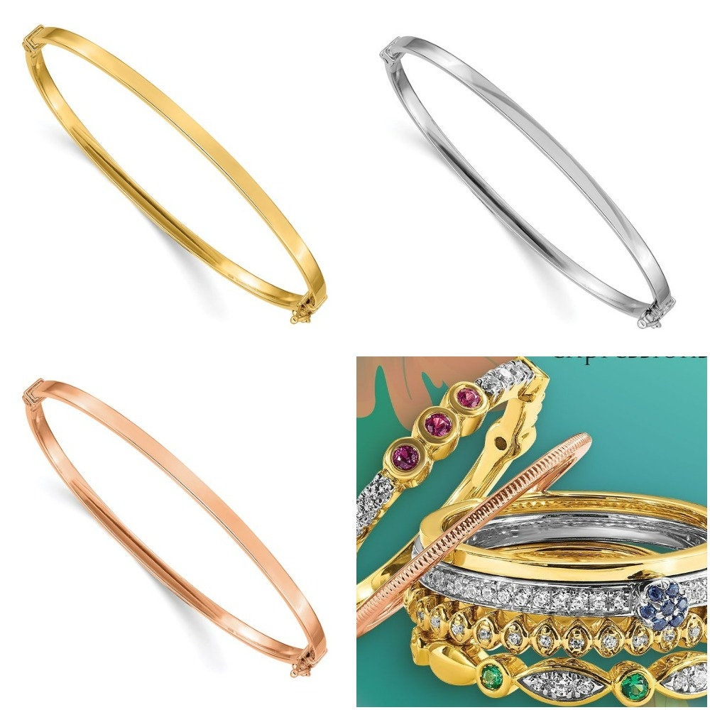 Solid 14k Yellow, White or Rose Gold 3mm Wide Polished Simple Hinged Bangle Bracelet hallmarked 14k Hand Made REAL GOLD Stackable 7"