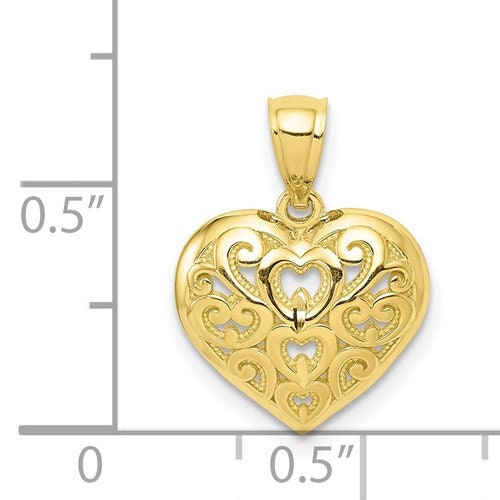 10k Small Solid Yellow Gold Diamond-Cut Heart Pendant Charm for a Chain or Necklace .66"H X .48" W. Not Gold Plated. Real 10K Gold