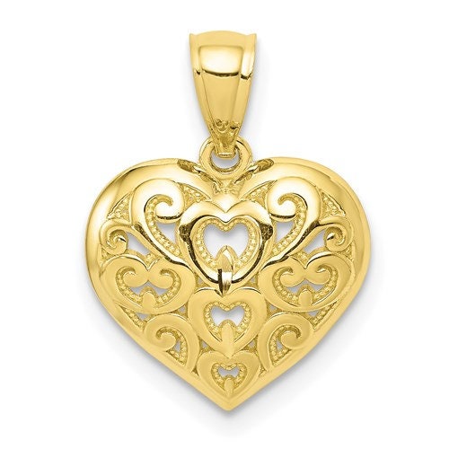 10k Small Solid Yellow Gold Diamond-Cut Heart Pendant Charm for a Chain or Necklace .66"H X .48" W. Not Gold Plated. Real 10K Gold