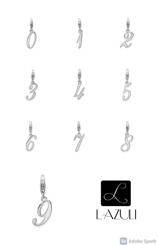 Sterling Silver .925 1/2" Polished Numbers 0,1,2,3,4,5,6,7,8,9 Charm with Fancy Lobster Clasp great for necklace, chain, charm bracelet