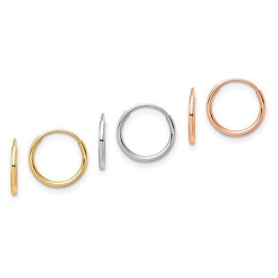 14K Tri Color Tiny 3-pairs Hoop Endless Earrings Set Endless, Nose Cartilage Simple Minimalist Dainty Modern First, second or third piercing