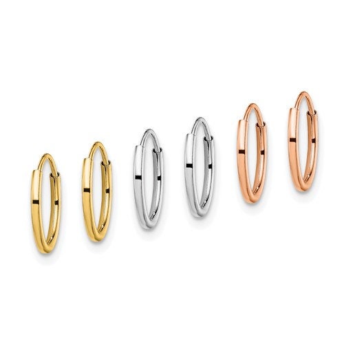 14K Tri Color Tiny 3-pairs Hoop Endless Earrings Set Endless, Nose Cartilage Simple Minimalist Dainty Modern First, second or third piercing