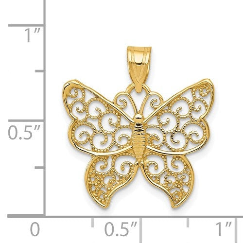 Solid 14K Yellow Gold Filigree Butterfly Pendant Charm .86" Long x .75" Wide