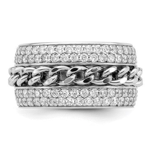Bold Sterling Silver wedding band anniversary band chunky spinning chain Ring with Cubic Zirconia 12mm wide