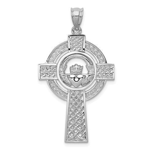 14k Solid Yellow or White Gold Celtic Iona Claddagh Cross Charm Pendant 1.5" Long x .8" Width. Classic Religious Irish Jewelry