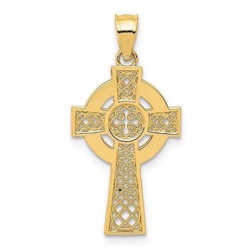 14k Solid Yellow Gold Celtic Iona Claddagh Cross Charm Pendant 1" Long x .5" Width. Classic Religious Irish Jewelry
