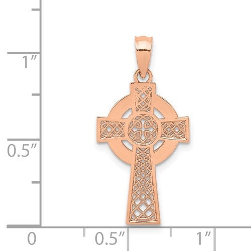 14k Solid Rose Gold Celtic Iona Claddagh Cross Charm Pendant 1" Long x .5" Width. Classic Religious Irish Jewelry