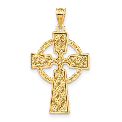 14k Solid Yellow Gold Diamond Cut Celtic Iona Claddagh Cross Charm Pendant 1.25" Long x .7" Width. Classic Religious Irish Jewelry